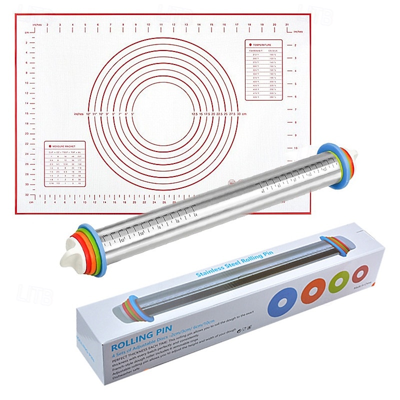 Deegroller met verstelbare dikte en mat, roestvrijstalen deegroller met maatverdeling, verstelbare dikte voor het bakken, inclusief mat en deegset voor gemakkelijk uitrollen. 2026 - $26.99 –P12