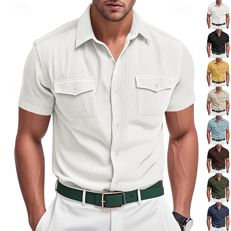 Herren Hemd Freizeithemd Cordhemd Knopfhemd Schwarz Weiß Gelb Marineblau Braun Kurzarm Einfach Texture Hemdkragen Lässig Täglich Fronttasche Bekleidung Elegant Mode Lässig 2026 - $25.99 –P1