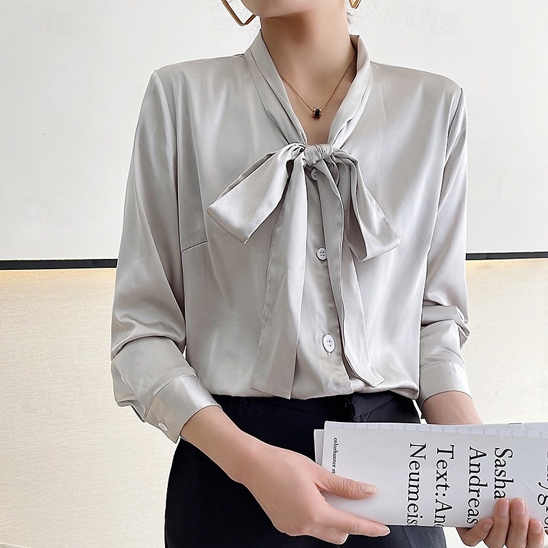 Жен. Рубашка Elegant Атласный верх Шелковая рубашка Пуговицы Сплошной цвет Элегантный стиль Стиль Длинный рукав V-образный вырез Обычные топы Повседневные Офис Праздники 2026 - $134.99 –P1