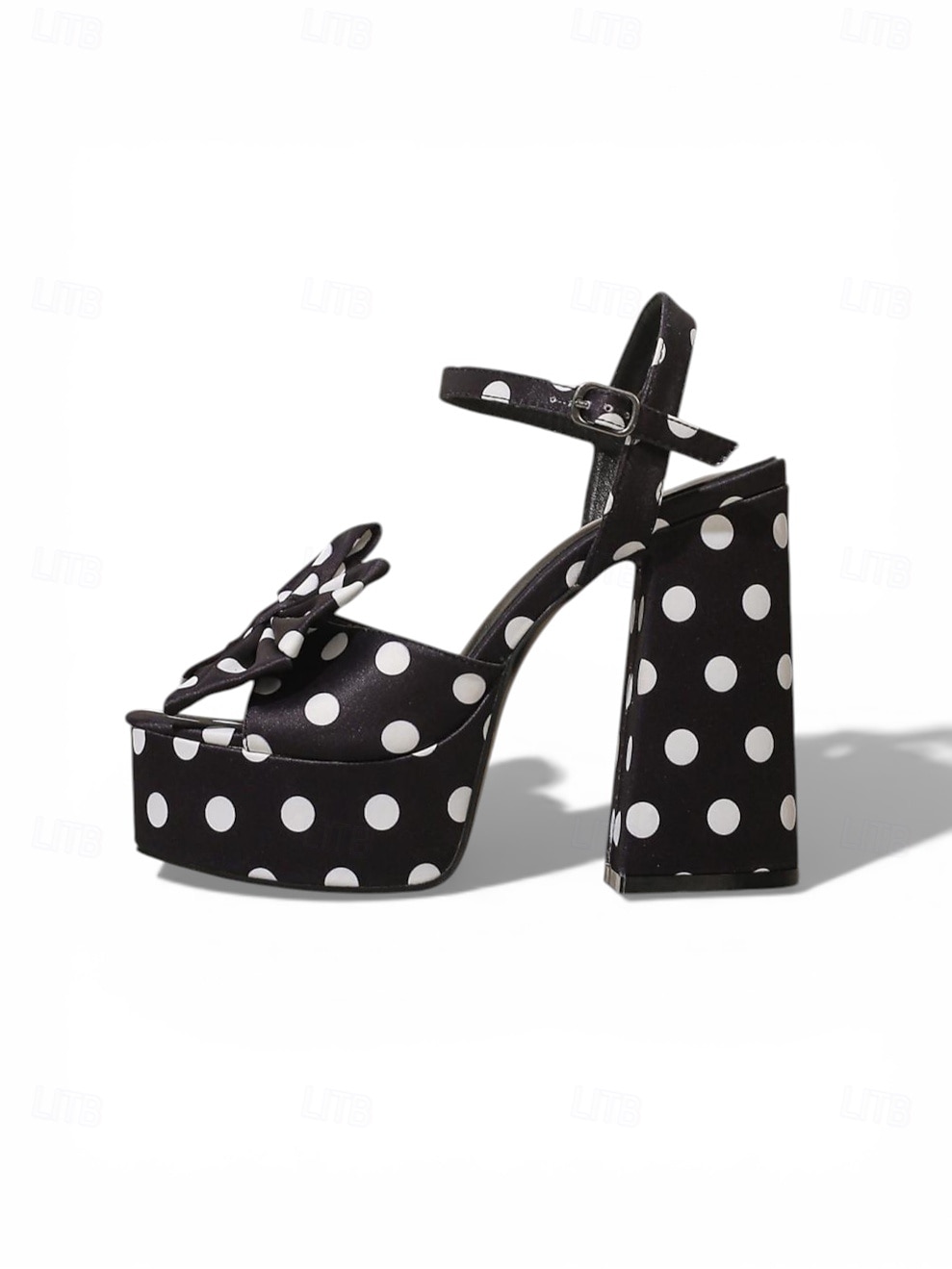 Sandalias de plataforma con lunares negros para mujer: sandalias de tacón alto grueso con tiras en el tobillo y punta abierta con lazo retro para fiestas nocturnas y clubes. &eventos nocturnos 2026 - $59.99 –P2