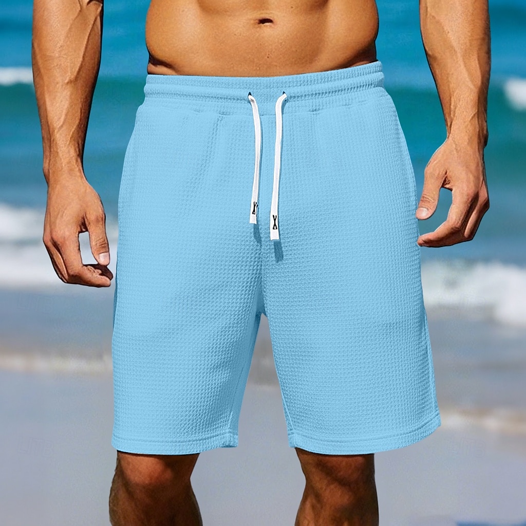 Homens Waffle Calção Shorts de verão Shorts de praia Com Cordão Cintura elástica Côr Sólida Conforto Comprimento do joelho Diário Ao ar livre Streetwear Férias Moda Azul Marinha Cáqui Micro-Elástica de 2026 por $20.99 –P10