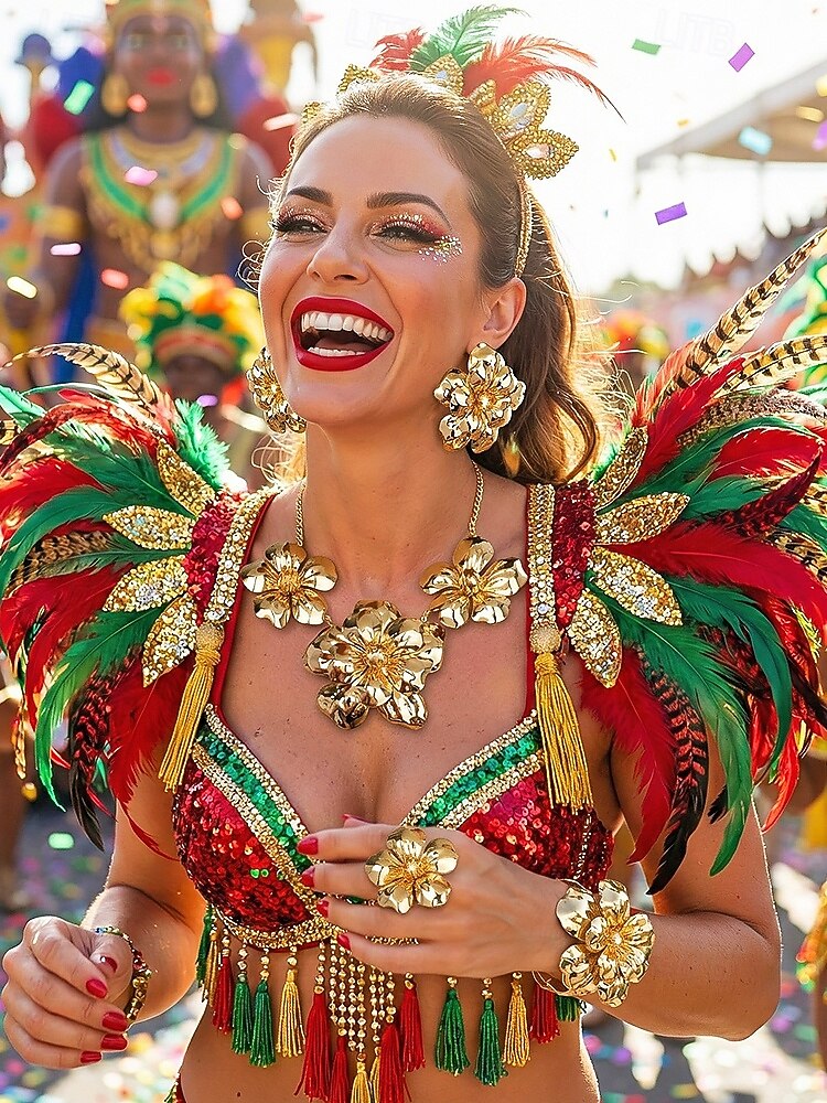 2026年 女性用 ステートメント ゴールドトーン フラワージュエリーセット – 合金ネックレス、イヤリング、ブレスレット、リング、カーニバル、マルディグラ、コスチュームパーティー用  コレクション – $18.99 –P1