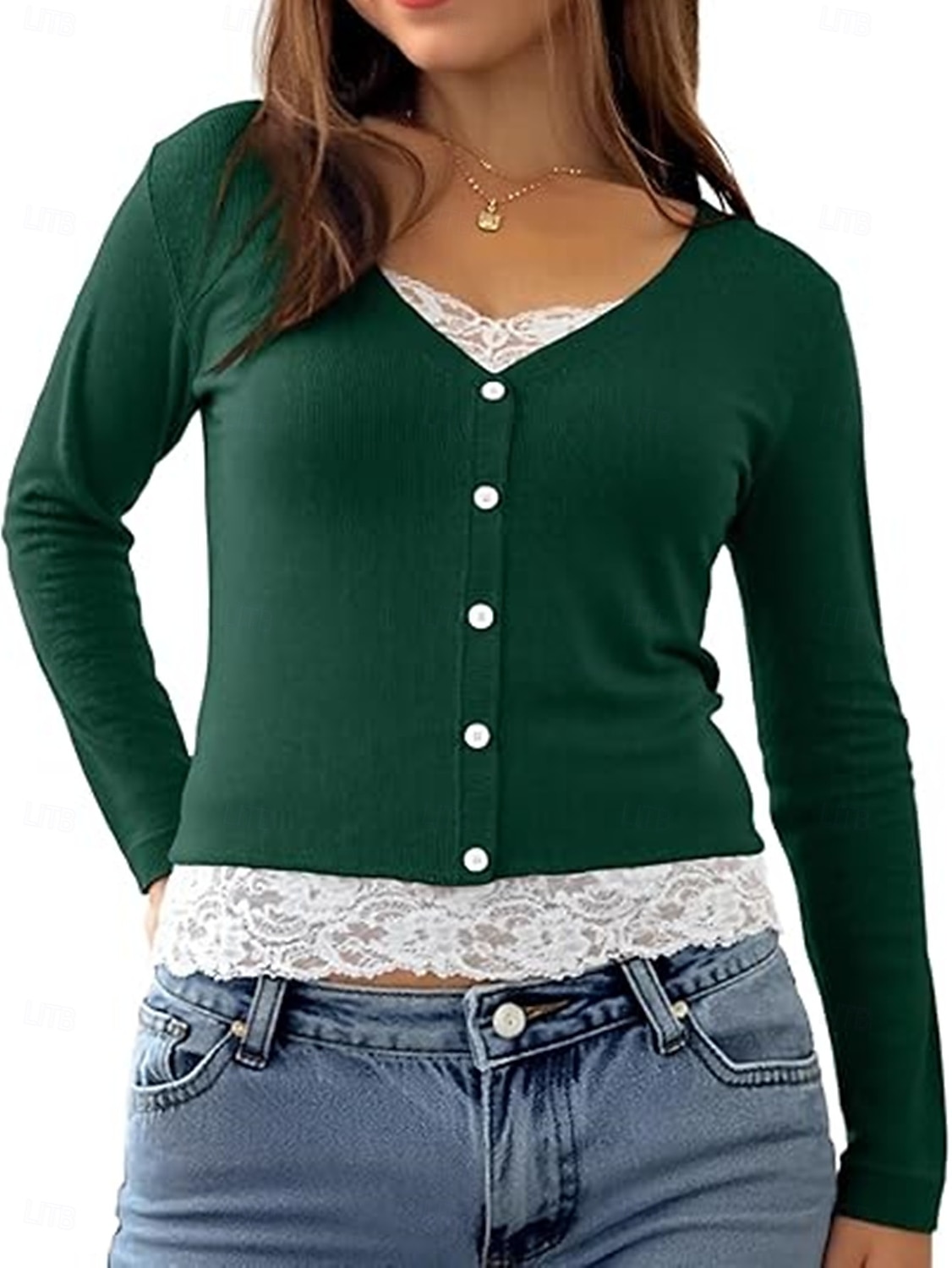 Mulheres Blusa Renda Patchwork Botões Côr Sólida Elegante à moda Casual Manga Longa Decote V Tops regulares Diário Preto Rosa Vermelho Marron Verde Primavera Outono Inverno de 2026 por $25.99 –P18