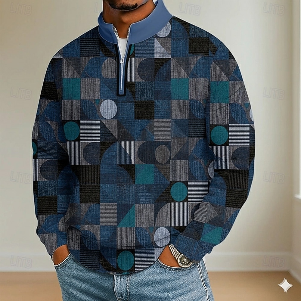 Per uomo Blocco di colori Geometrico Polo Manica Lunga Colletto Mao Casual Vacanza Athleisure Casual Quotidiano Stampa 3D Primavera Autunno Blu Marrone Grigio del 2026 a $22.99 –P1
