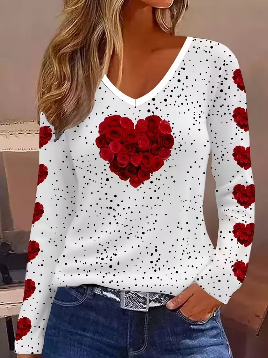 Valentinsdag Dame T skjorte Trykt mønster Hjerte Grafisk Årgang Stilfull Klassisk Langermet V-hals Vanlige topper Daglig Hvit Vår Høst Vinter 2026 - $24.99 –P1