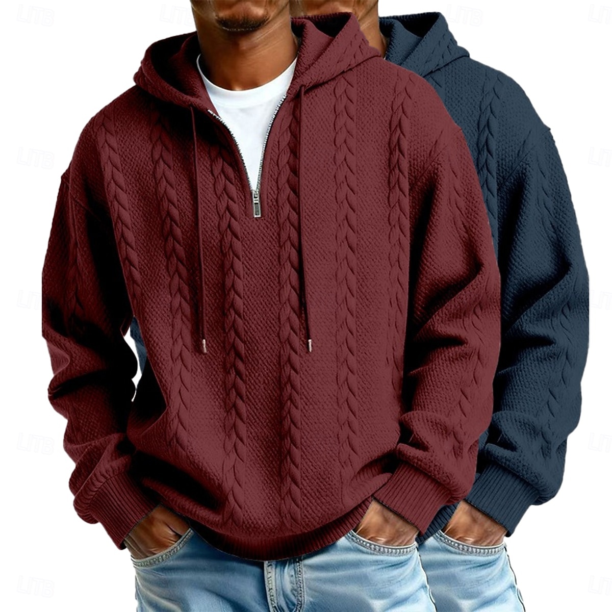 Herre Jacquard Hattetrøje Hettegenser med glidelås Lyseblå + svart Hvit+lys grå Med hette عادي Med Tekstur Avslappet Daglig Sport & Utendørs Polyester Gatemote Kul Sportsklær Høst vinter Vår & Vinter 2026 - $47.99 –P5