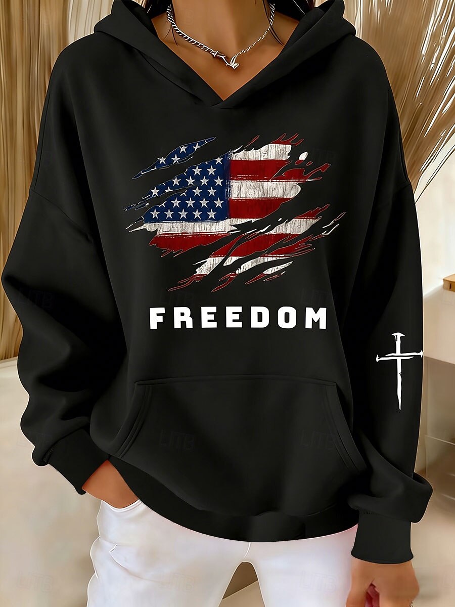Onafhankelijkheidsdag Patriottische Dames Pullover Hoodie Sweatshirt Grafische Letter Vintage Casual Lange Mouwen Capuchon Reguliere Tops Casual Blauw Zwart Wit Rood Lente Herfst 2026 - $32.99 –P4