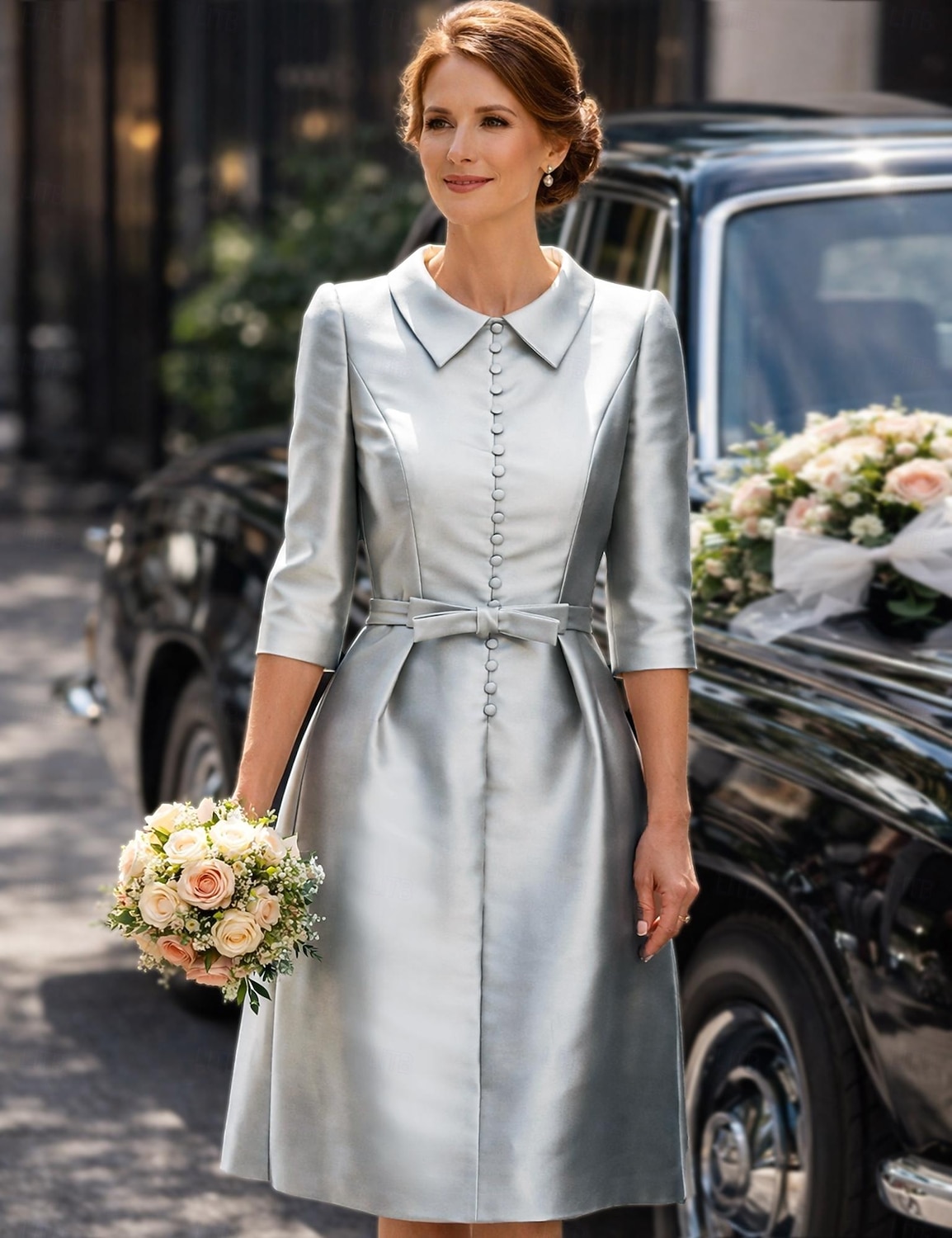 Schlauchkleid Knielang Partykleid Cocktailkleid Kleid für Hochzeitsgäste Brautmutterkleid Dreiviertelarm Hemdkragen Elegant Minimalistisch Hochzeitsgast Cocktailparty Formeller Abend Stretch Satin mit 2026 - $126.99 –P3