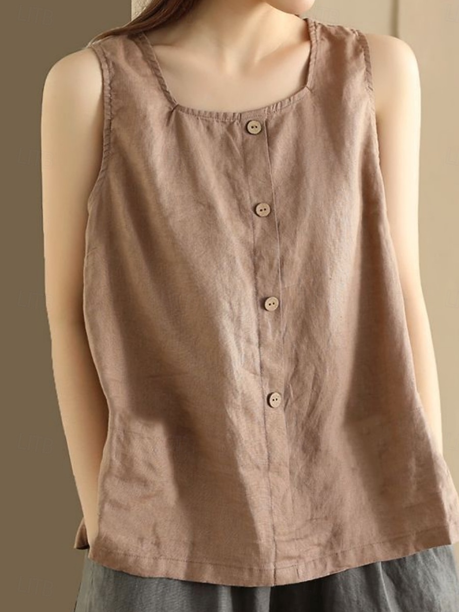 Női Pamut vászon mellény Fodrozott Gombok Tömör szín Stílusos Alap Alkalmi Ujjatlan Szögletes Normál felsők Napi Medence Sárga Barna Nyár Tavasz 2026 - $21.99 –P9