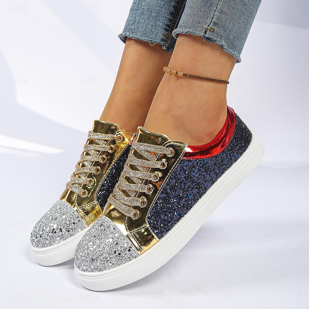 Pentru femei Casual Toc Drept Vârf rotund Casual Imitație Piele Dantelat Argintiu Roșu+albastru 2026 - $34.99 –P2