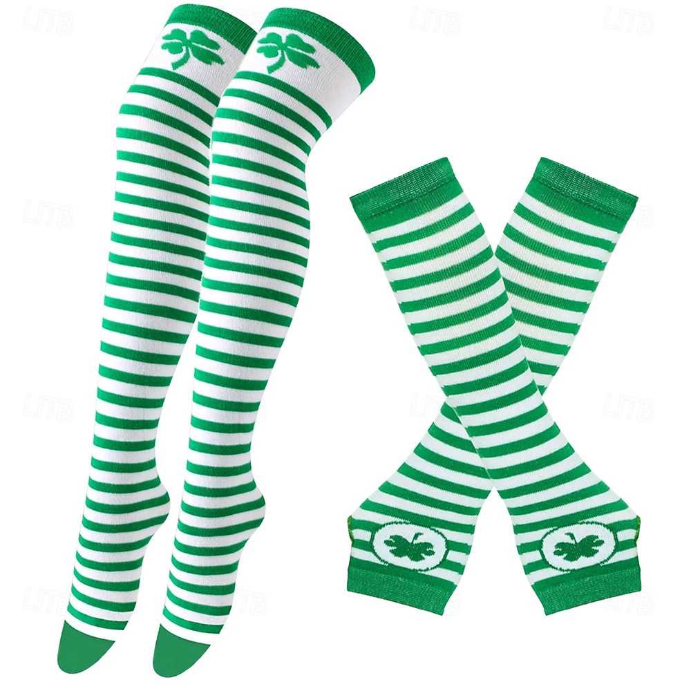 dámská ponožka ke Dni svatého Patrika &sada návleků na ruce, 4dílné podkolenky s potiskem trojlístku a rukavice bez prstů, sváteční doplňky v irsko zelené barvě pro ženy &holky, ideální pro průvody ke 2026 - $19.99 –P7
