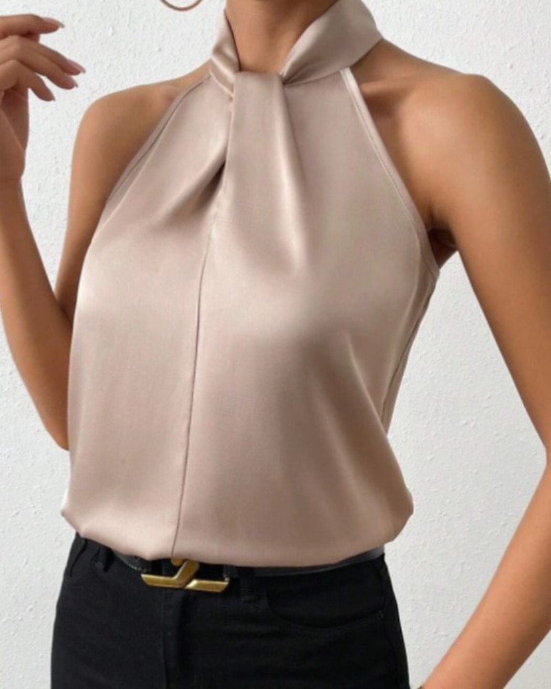 Damen Hemd Elegant Satin-Top Seidenhemd Rückenfrei Einfach Elegant Stilvoll Ärmellos Neckholder Normale Oberteile Ferien Ausgehen Schwarz Weiß Kamel Purpur Braun Sommer Frühling 2026 - $25.99 –P1