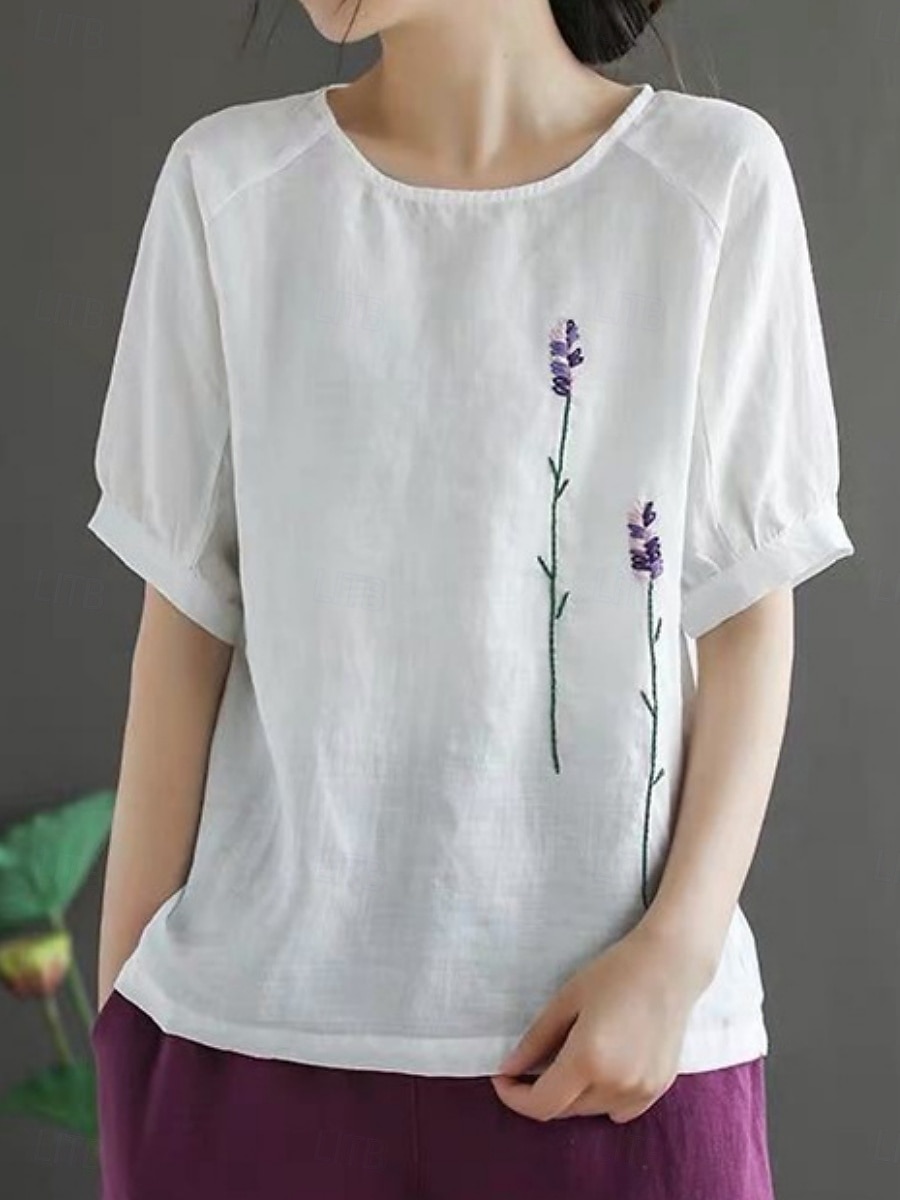 Per donna Blusa Finto cotone e lino Ricamato Tinta unica Elegante Casual Mezza Manica Girocollo Top Regolari Quotidiano Bianco Giallo Viola Estate Primavera del 2026 a $19.99 –P5