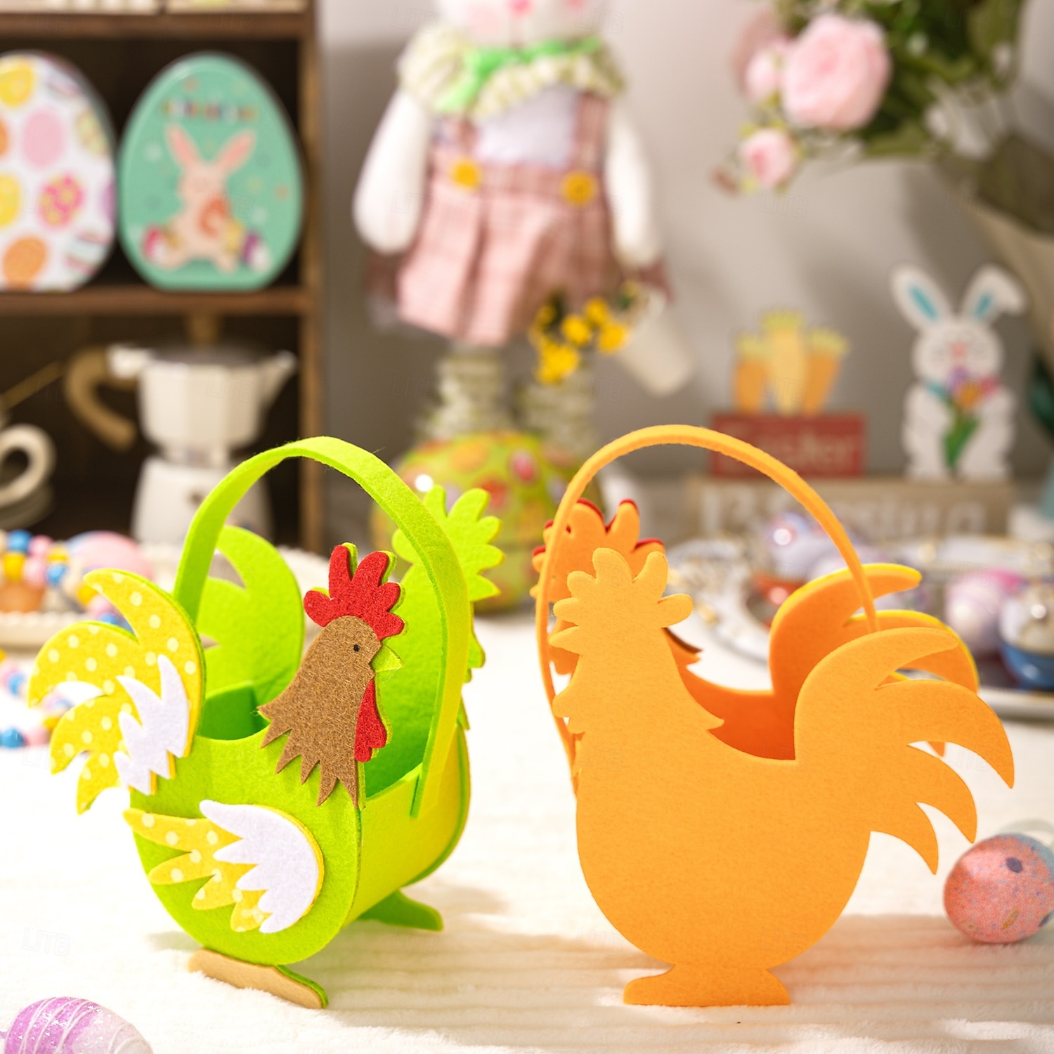 Set van 3 vilten opbergmandjes met paashaasjes en kleurrijke hanen, handzame draagtassen met cartoonfiguren, paas snoepbakken voor feestelijke decoratie, lente opbergspullen voor kinderen en 2026 - $15.99 –P5