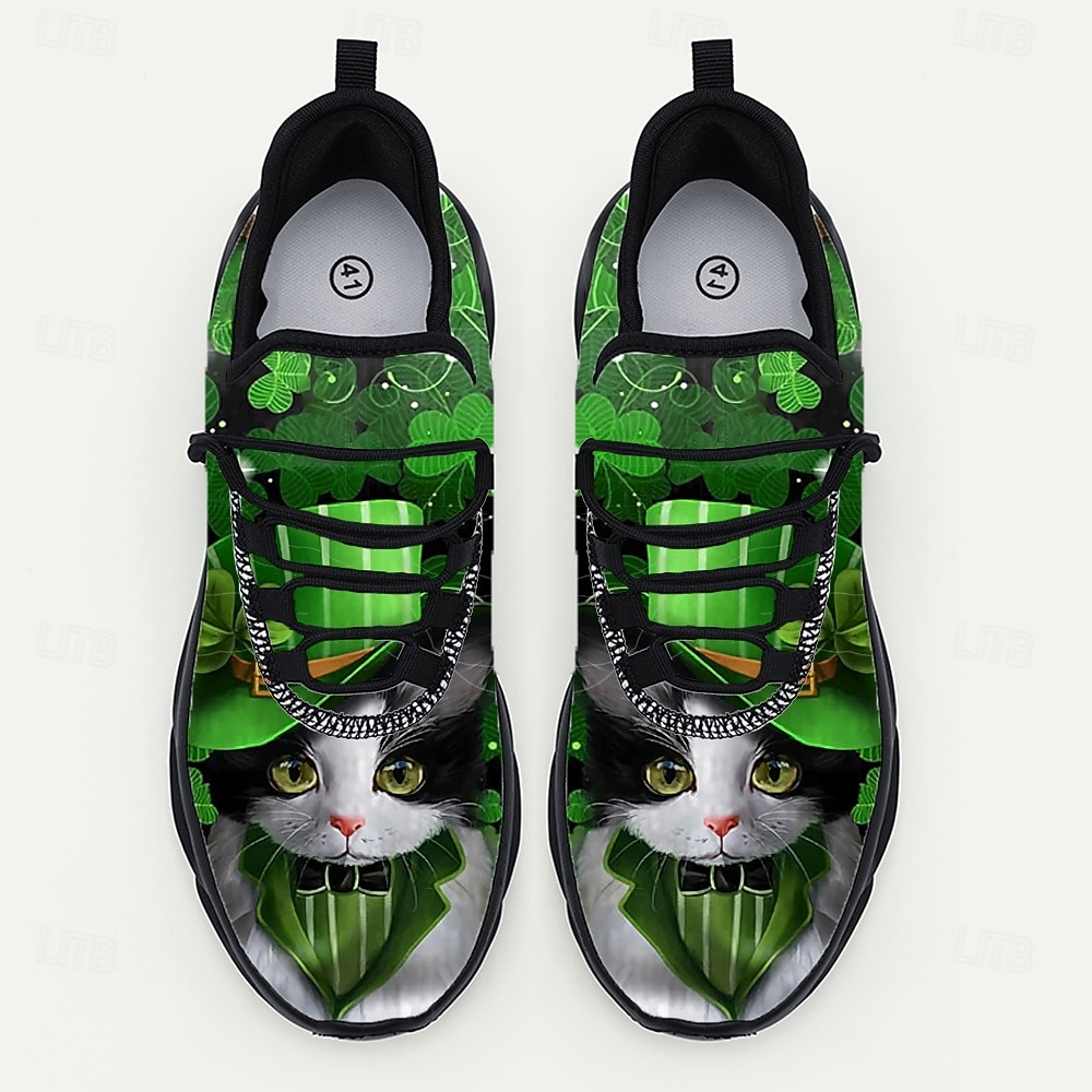 Herrsneakers med St. Patrick's Day-tema – grönt shamrock- och kattmönster, bekväma, perfekta för St. Patrick's Day-fester och roliga evenemang 2026 - $42.99 –P8