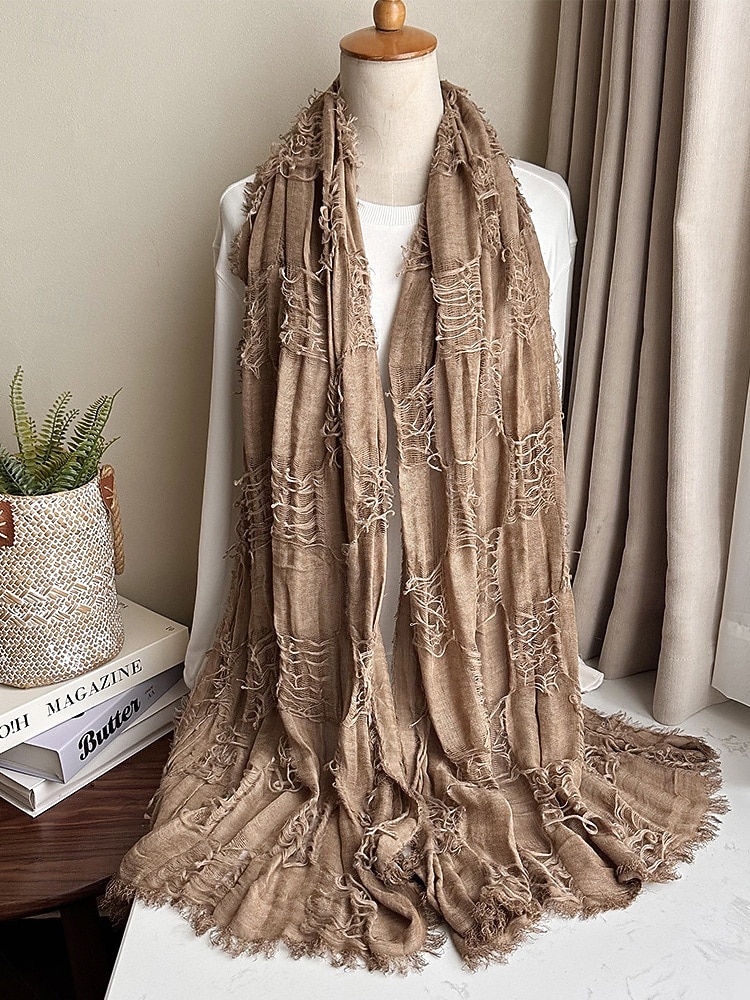 Naisten puuvilla-pellavahuivi hapsutetuilla tupsuilla – boheemi tyyli, useita värejä, kevyt ja mukava arkeen ja vapaa-aikaan 2026 - $14.99 –P4