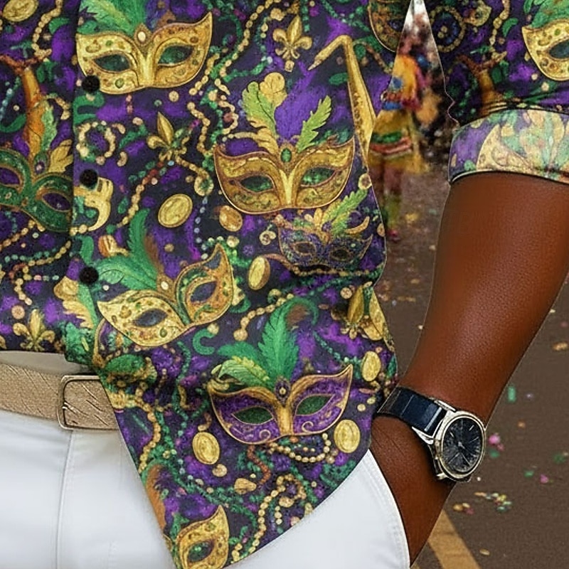 קרנבל בגדי ריקוד גברים גראפי מסכה עם נוצות חולצה חולצה עם כפתורים חולצת חוף שרוול ארוך הוואי יום יומי נוח חופשה חגים מארדי גרא קיץ אביב צווארון מתקפל מדפיס סגול 2026 - $27.99 –P3