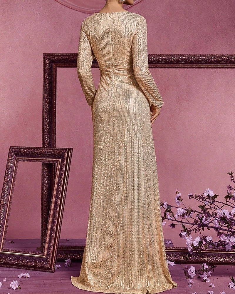 Ligne A Traîne Balayage Robe d'invité de mariage Robe de Cérémonie Robe de soirée Robe de Mère de Mariée  manche longue Col en V Élégant Éclat & Brillance Années 1920 Formel robe demoiselle d honneur de 2026 ? $126.99 –P4