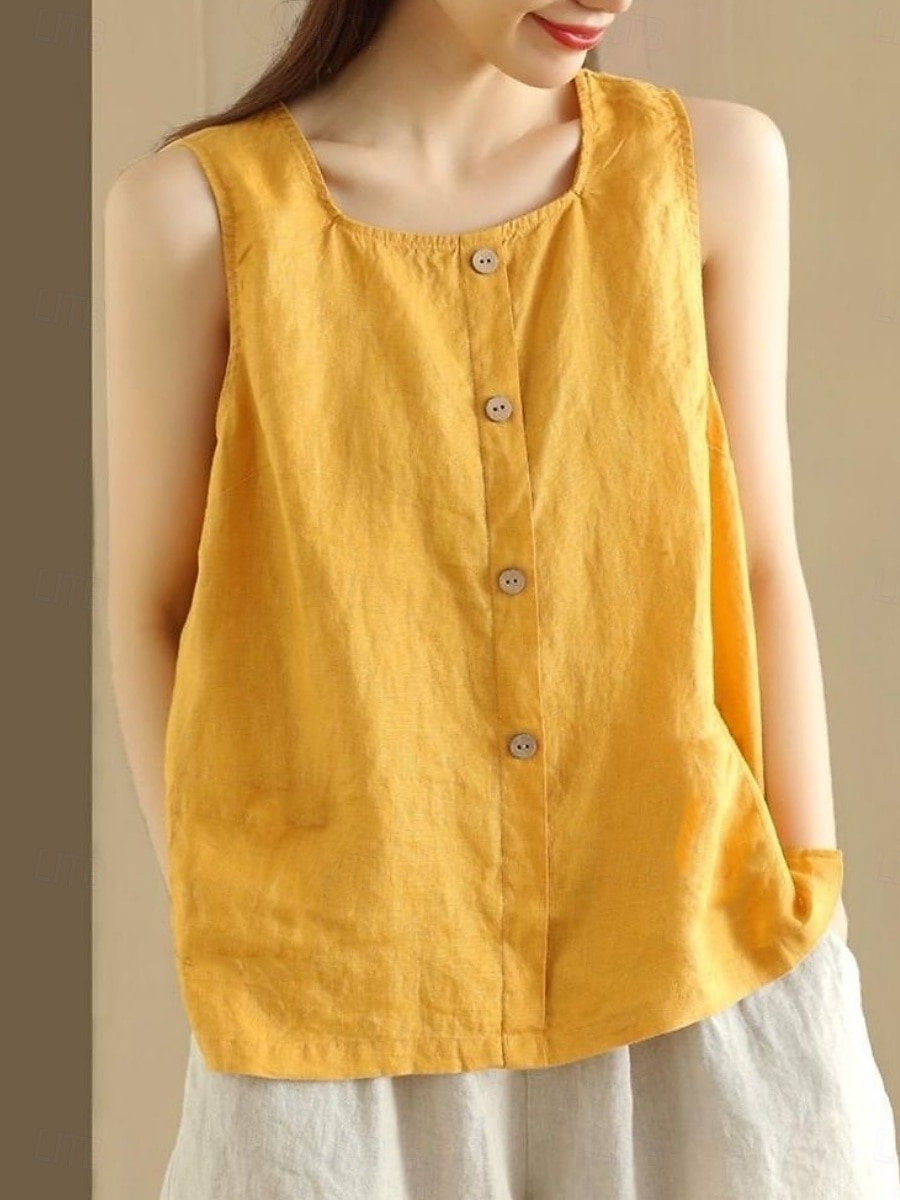 Női Pamut vászon mellény Fodrozott Gombok Tömör szín Stílusos Alap Alkalmi Ujjatlan Szögletes Normál felsők Napi Medence Sárga Barna Nyár Tavasz 2026 - $21.99 –P1
