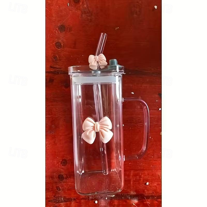 400 мл  14 унций стеклянная кружка с трубочкой и ручкой термостойкий прозрачный розовый дизайн с бантом многоразовая бутылка для воды для дома офиса поездок подарков ко Дню святого Валентина и 2026 - $11.99 –P7