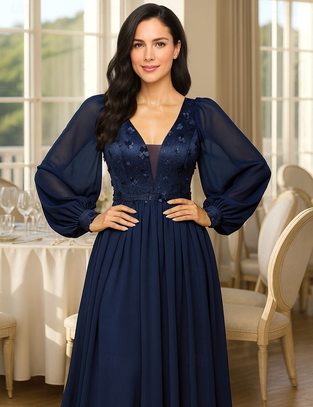 Sukienki A-Line na długość podłogi sukienka formalna sukienka wieczorowa sukienka matki panny młodej sukienka z długim rękawem dekolt w serek elegancka vintage z koralikami 2026 - $87.99 –P3