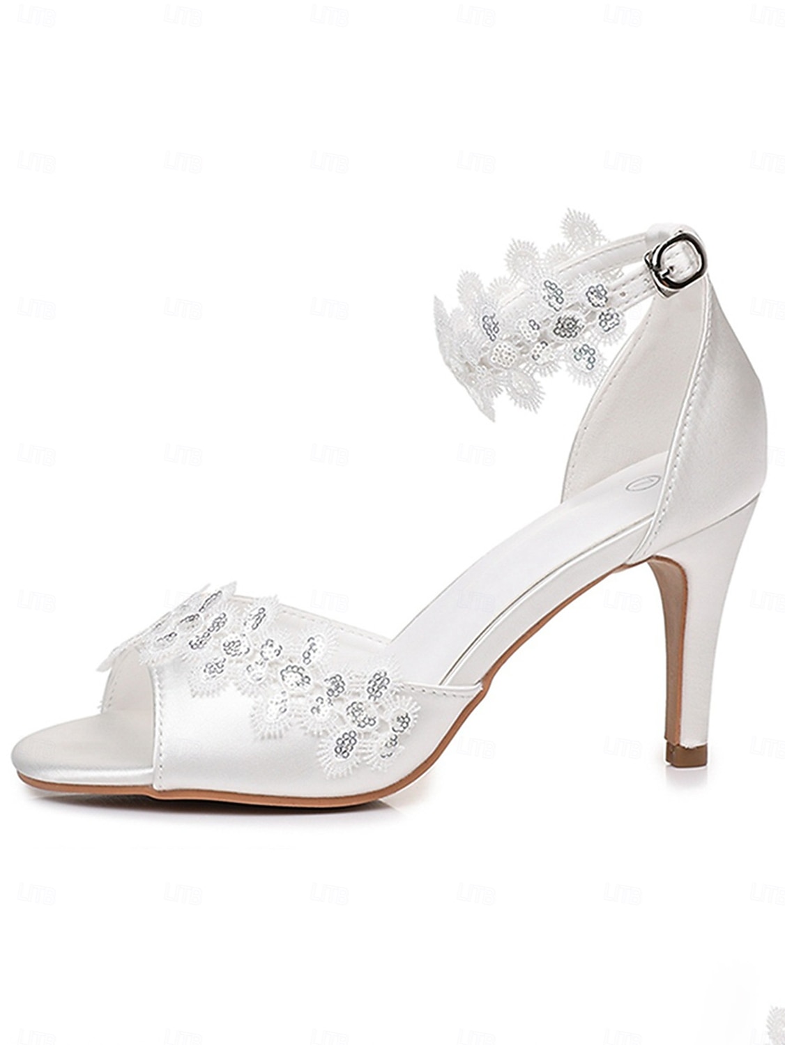 scarpe da sposa con tacco aperto e cinturino alla caviglia, eleganti sandali da sposa con tacco medio per la sposa, romantiche scarpe da cerimonia in pizzo floreale del 2026 a $46.99 –P7