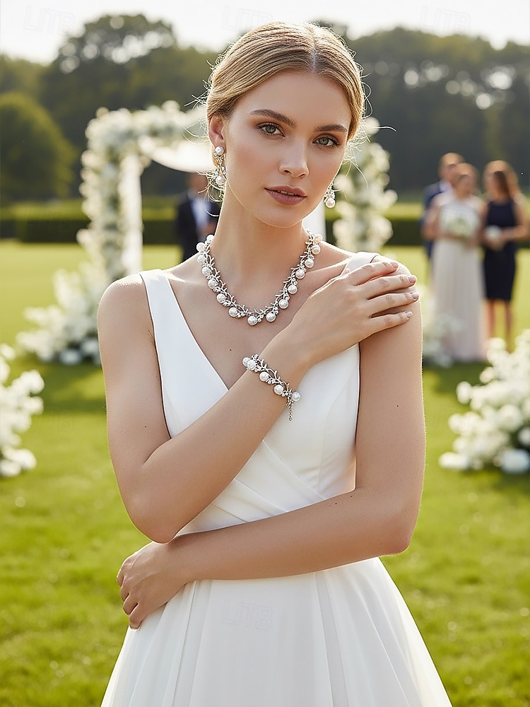 Conjunto de joyas de aleación de perlas de imitación para mujer: conjunto de 3 piezas de collar, pulsera y aretes, perfecto para bodas y ocasiones especiales. 2026 - $11.99 –P2