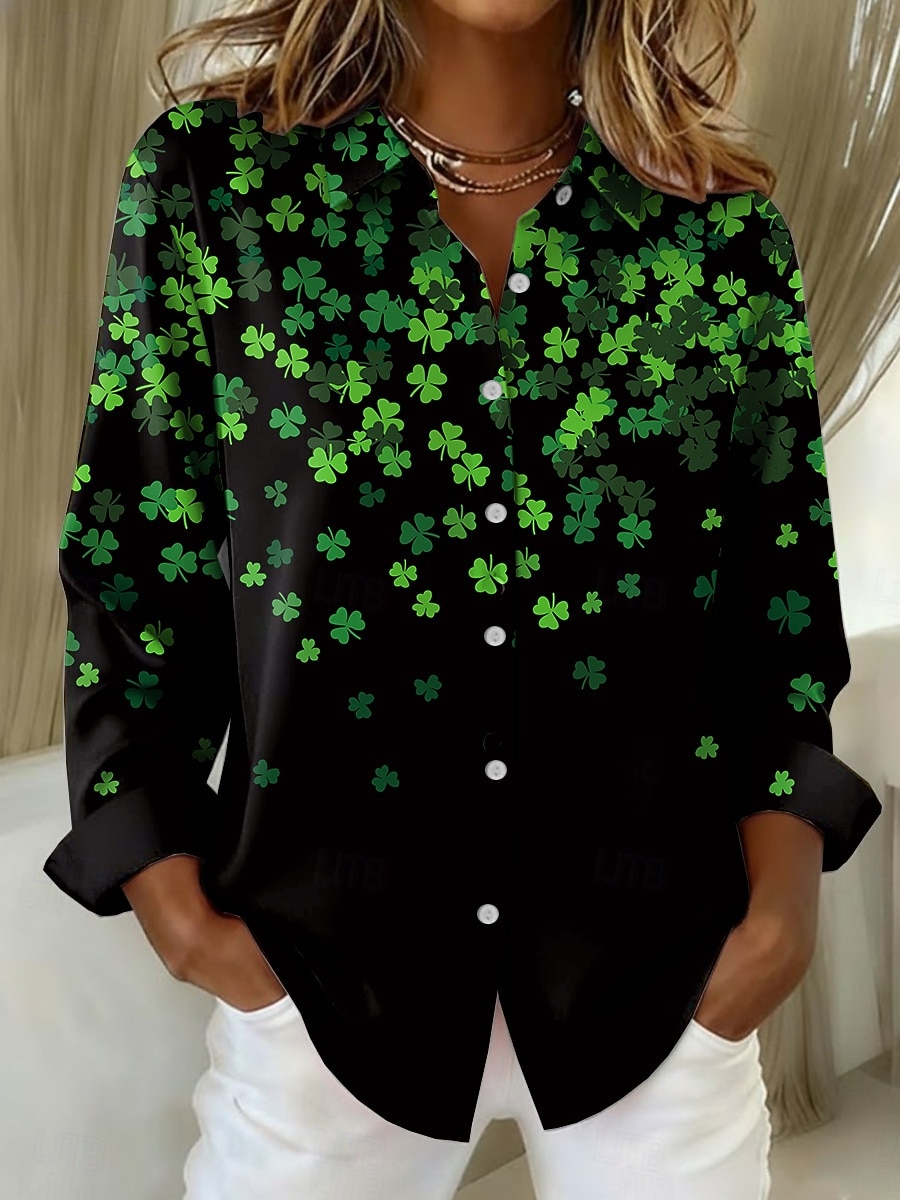 Saint Patrick's Day Dam Blus Knappar Mönster Grafisk Vitklöver Vintage Stylish Ledigt Långärmad Tröjkrage Vanliga toppar Dagligen Arbete Svart Vit Ljusgrön Grön Sommar Vår Vinter 2026 - $32.99 –P3