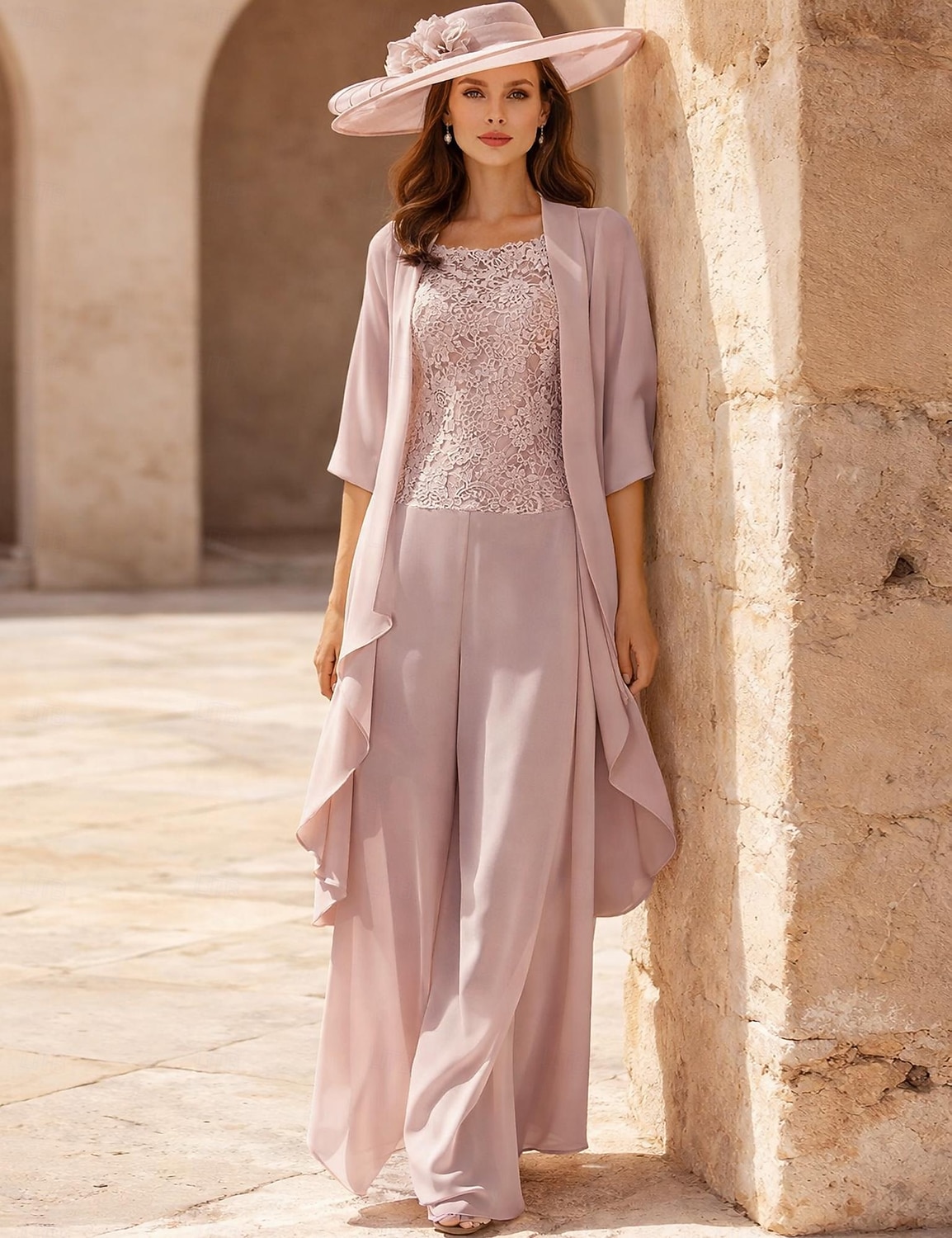 Broek 3-delig pak Tot de grond Moeder van de bruid jurk Mouwloos Ronde hals Elegant Grote maten Formeel Bruiloft gast Chiffon Kant met Appliqués 2026 - AU $253.66 –P4