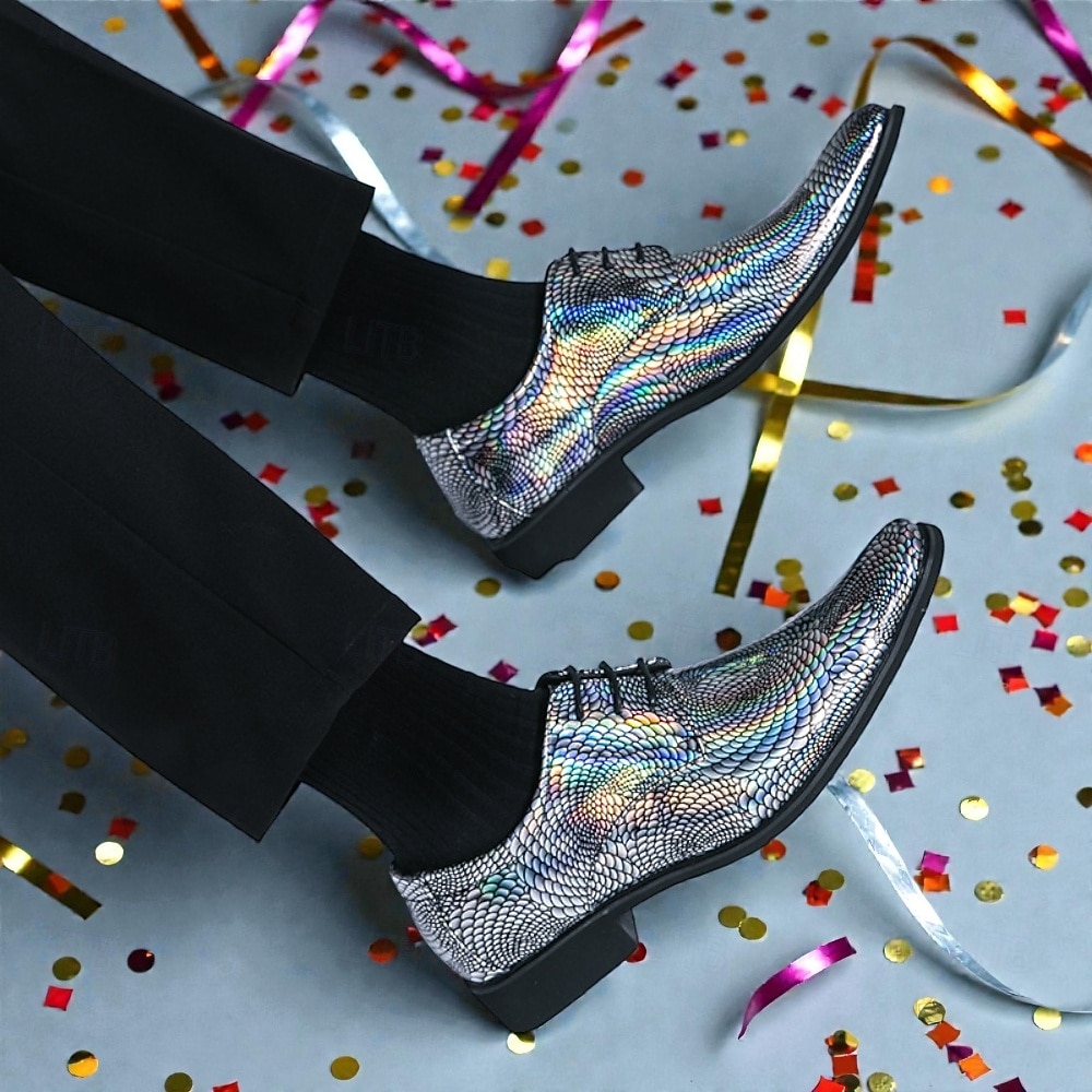 Männer Mardi Gras farbenfrohe schillernde Schlangenprint Anzugschuhe metallic grün und lila Schnürdesign stylisch und mutig ideal für Karneval und festliche Feiern 2026 - $59.99 –P4