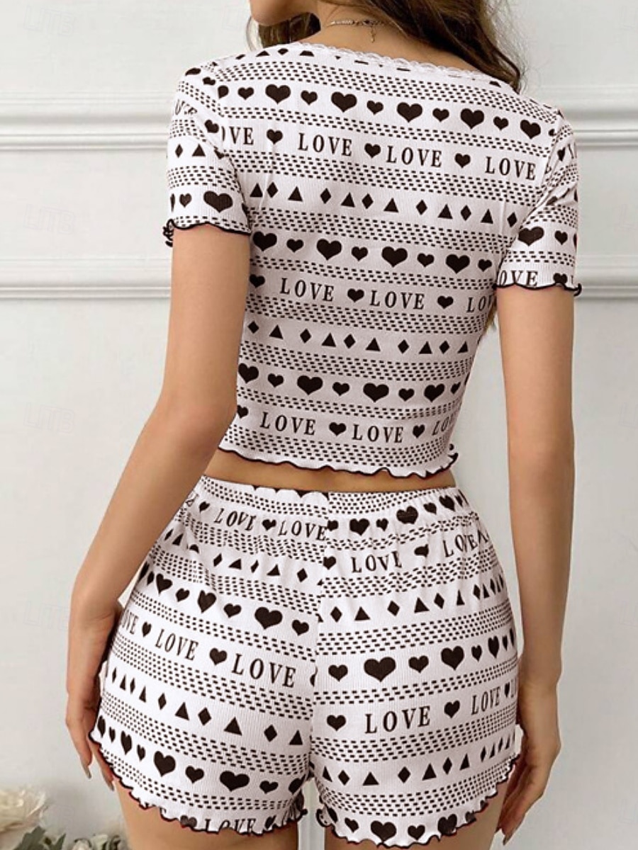 Per donna Set Pigiama Casual Comfort Cuore Elastico in vita Shorts Quotidiano Casa Manica Corta Scollo a V Nero Rosso Estate Primavera Vestibilità aderente del 2026 a $21.99 –P5