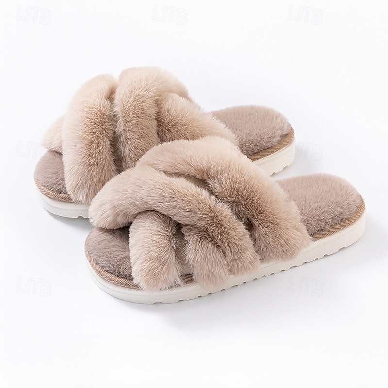 bomullstøfler for kvinner europeisk stil åpen tå plysj innendørs hjem myke pelskledde tøfler dopamindesign 2026 - $17.99 –P5