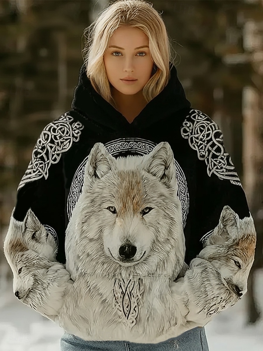 Dames Trui met capuchon Sweatshirt Lapwerk Afdrukken Voorvak Grafisch dier Geometrisch Vintage Casual Boho Lange mouw Capuchon Normale tops Casual Straat Dagelijks gebruik Zwart Lente Herfst Winter 2026 - $32.99 –P1