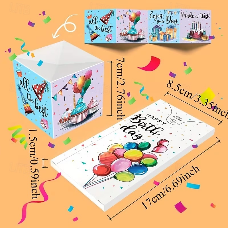 boldog születésnapot felugró meglepetés ajándékdoboz színes lufikkal &konfetti dizájn - élénk papír kézműveskedés fiataloknak, ünnepi ajándékötlet|játékos dizájn|színes lufik, születésnapi parti 2026 - $11.99 –P12
