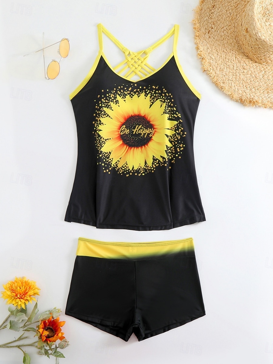 Women's Tankini 2 Piece Swimsuit Palm Boy Leg Tummy Control High Waist Slim Backless Vacation Beach Wear Floral Sunflower V Neck Sleeveless Bathing Suits 2026 - $25.99 –P8