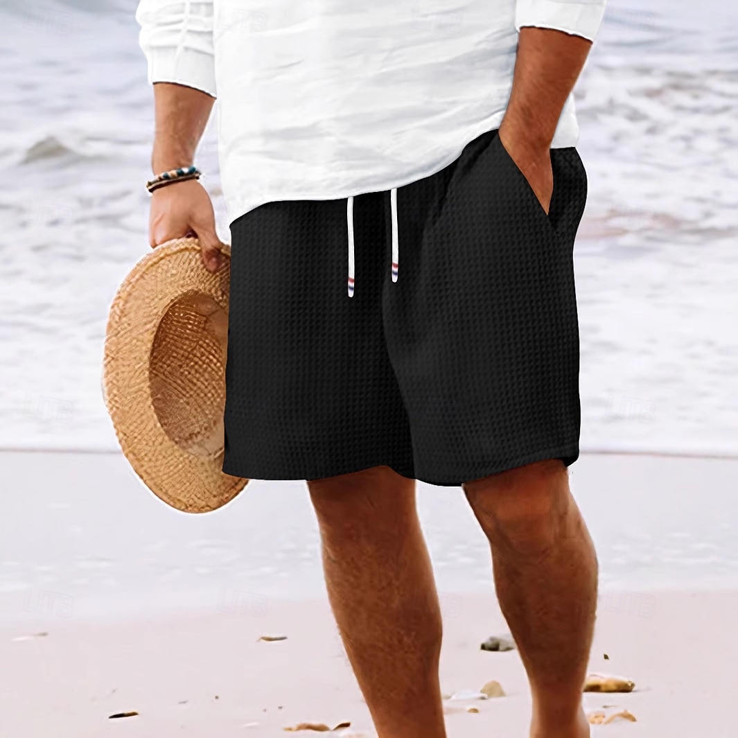 Men's Waffle Shorts Summer Shorts Beach Shorts Casual Shorts Drawstring Elastic Waist Solid Color Comfort Knee Length Daily Outdoor Streetwear Vacation Fashion Blue Black Micro-elastic 2026 - $18.99 –P5