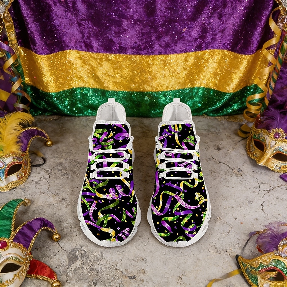 Women's Mardi Gras Confetti Print Lace-Up Athletic Sneakers - Cushioned Comfort Festive Shoes for Carnival Parades, Street Celebrations, Daily Errands & Summer Outdoor Activities 2026 - $42.99 –P2