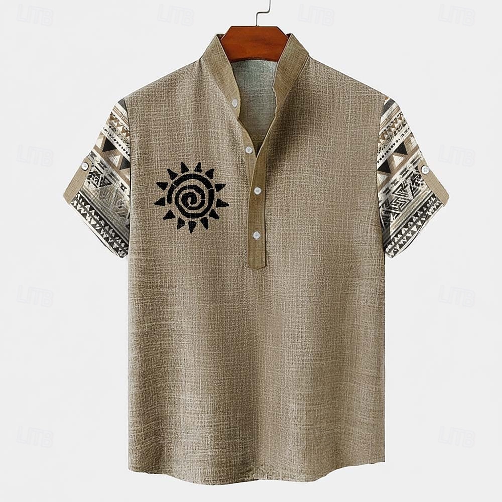 Per uomo Tribale Etnico Totem del sole Camicia Camicia button-down Manica Corta Vintage Retrò Ferie Casual Quotidiano Estate Primavera Colletto Mao Colletto Henley Stampa 3D Camicia tipo lino Cáqui del 2026 a $25.99 –P2