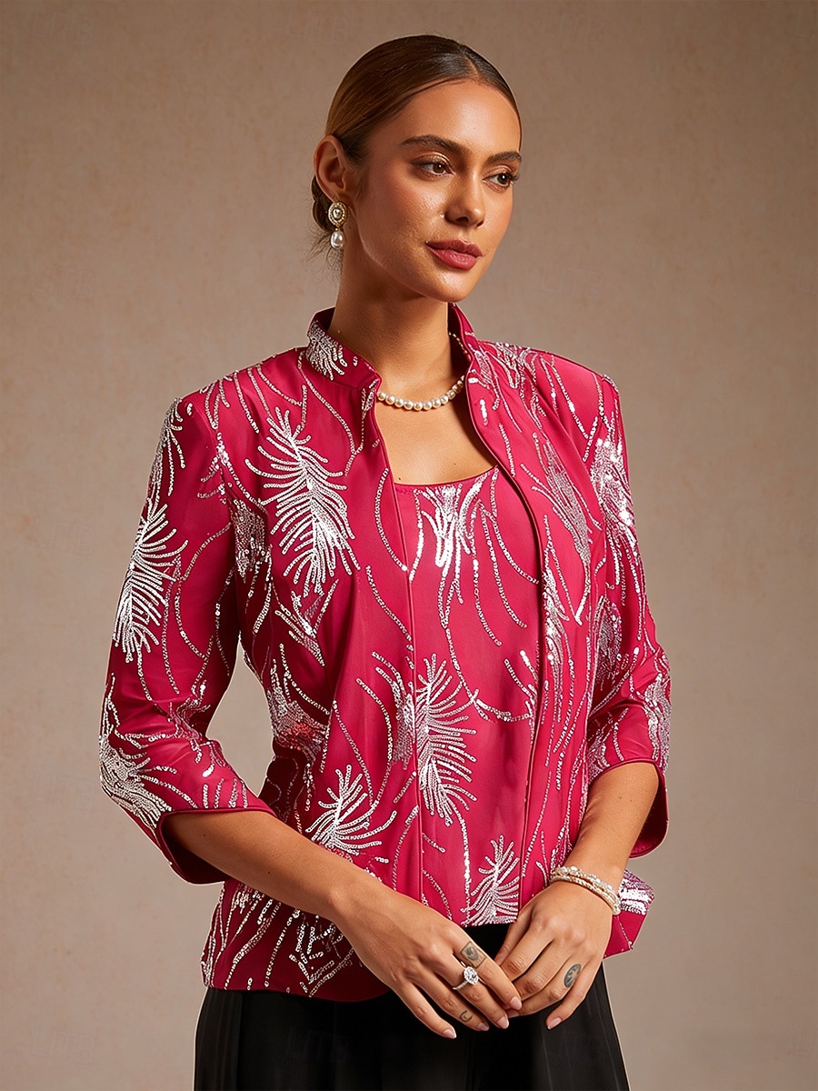 Mujer Tops con lentejuelas Conjunto doble Lentejuelas Pluma Elegante Manga 3/4 Collar mandarín Fiesta de Noche Traje de cóctel Fucsia Verano Primavera Otoño 2026 - $109.99 –P4