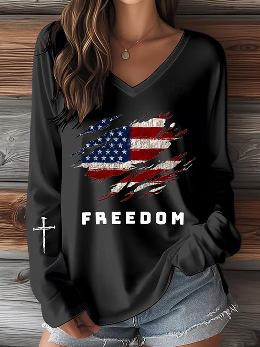 Unabhängigkeitstag Patriotische Damen T-Shirt Grafik Buchstabe Vintage Stilvoll Klassisch Langarm V-Ausschnitt Reguläre Oberteile Täglicher Druck Blau Schwarz Weiß Rot Sommer Frühling Herbst Winter 2026 - $24.99 –P3