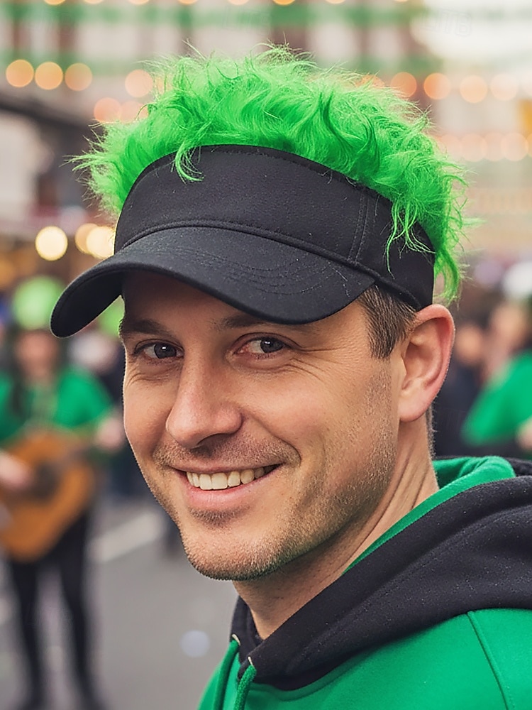 Sombrero de visera de poliéster para hombre con peluca sintética colorida, disponible en varios colores, perfecto para el Día de San Patricio, carnaval y ocasiones festivas. 2026 - $14.99 –P1