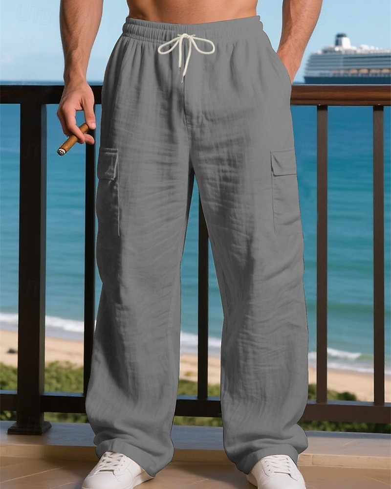 Miesten Pellavahousut Housut Kesähousut Roikkuvat housut Rantahousut Kurenauha Joustava vyötärö Yhtenäinen väri Mukavuus Hengittävä Päivittäin ulko- Hiekkaranta Loma Muoti Musta Valkoinen 2026 - $26.99 –P14