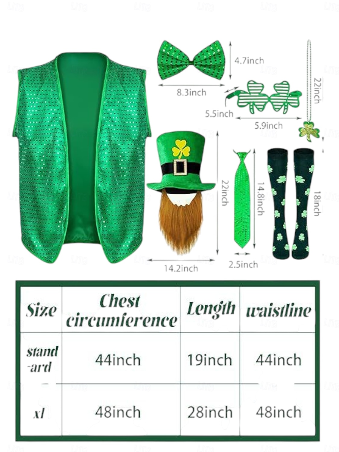 Мужской костюм лепрекона на День Святого Патрика – зеленая шляпа, жилет, борода, носки и аксессуары для праздничных торжеств. 2026 - $42.99 –P1