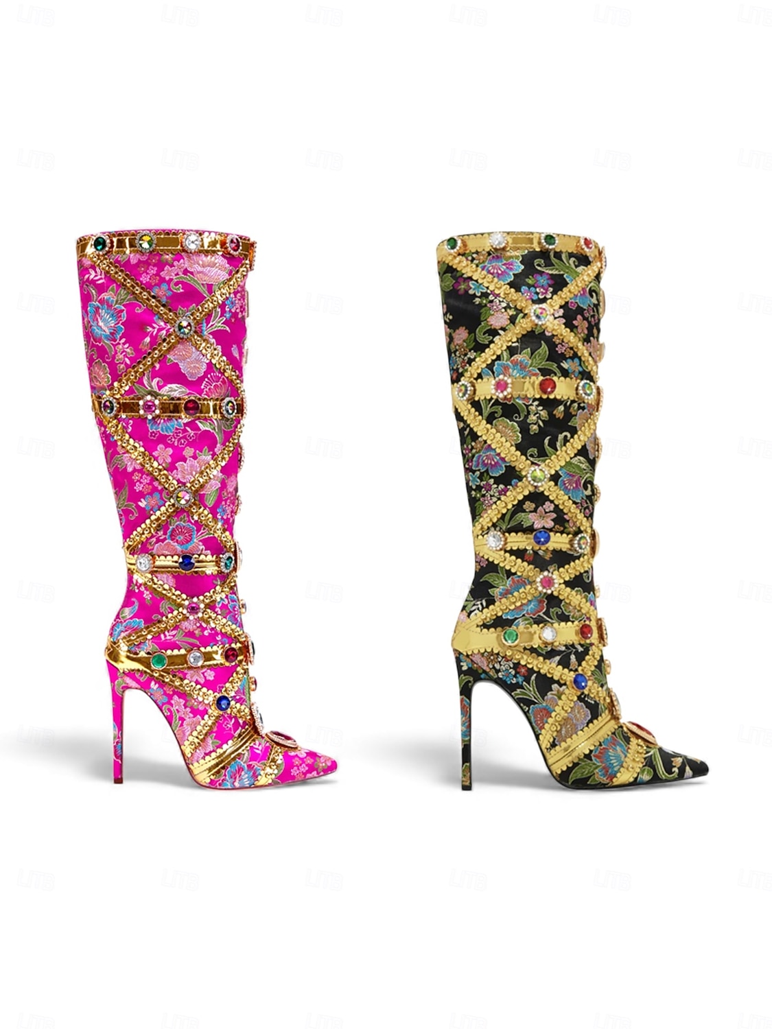 Γυναικείες Μπότες Ψηλοτάκουνες Διακοσμημένες με Λουλούδια και Λεπτομέρειες Κοσμημάτων Πολύχρωμο Στυλ Καρναβαλιού Ιδανικές για Μάρντι Γκρα και Εορταστικές Στιγμές 2026 - $199.99 –P2