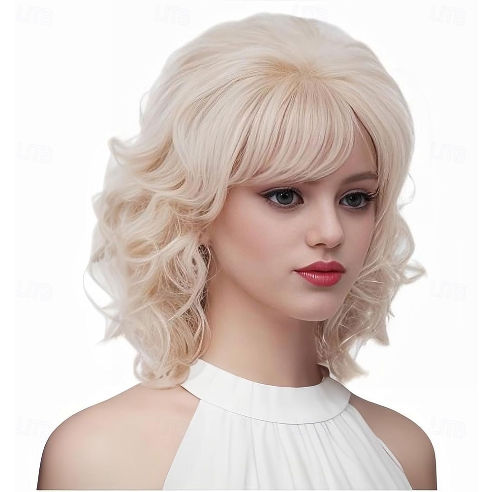Pelucas rubias vintage para mujer, años 70 y 80, peluca corta y rizada con flequillo, peluca sintética hasta los hombros para cosplay. 2026 - $29.99 –P1