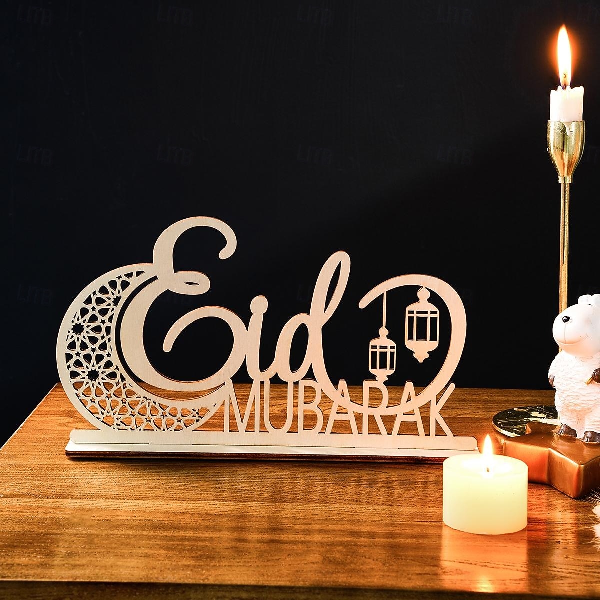 drewniana, pusta dekoracja z motywem księżyca i literą „mubarak” na ramadan i eid – złoty lustrzany akcent, idealna na ramadan, islamskie dekoracje świąteczne i domowe przyjęcia 2026 - $15.99 –P8