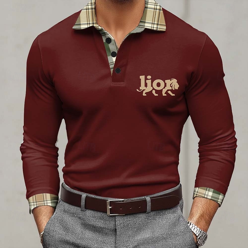 Herr Lejon Polo Långärmad Polotröjor Kavajslag Business Casual Utomhus Gata Fritids- Dagliga kläder 3D-utskrift Knappar Vår Höst Blå Rubinrött Purpur 2026 - $22.99 –P1