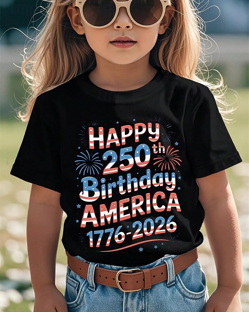 100% Coton Enfants Fille Noir Blanche Graphique 250e anniversaire Drapeau américain pour enfant T-shirt Col Rond Manche Courte Vacances Sport & Loisir Tenue Quotidienne Occasionnel Impression Été de 2026 ? $20.99 –P2