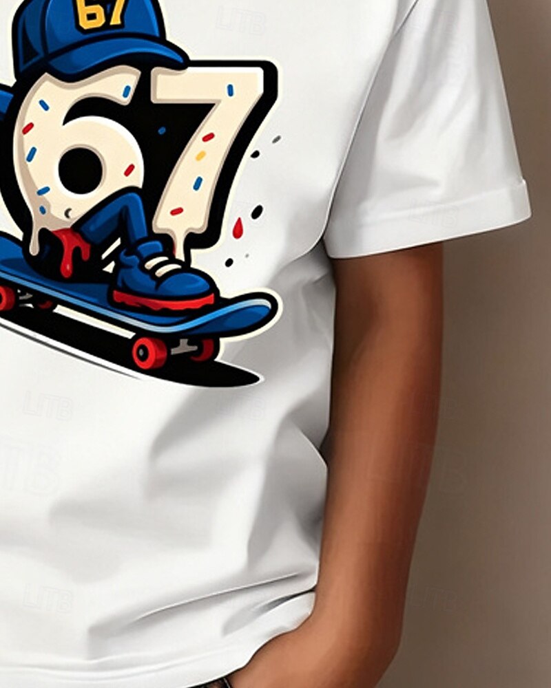 Baumwolle Kinder Jungen Schwarz Weiß Grafik Lustiger Slang 67 T-Shirt Bluse Rundhalsausschnitt Kurzarm Outdoor Alltagskleidung Mode Streetwear Designer Drucken Sommer 2026 - $14.99 –P6