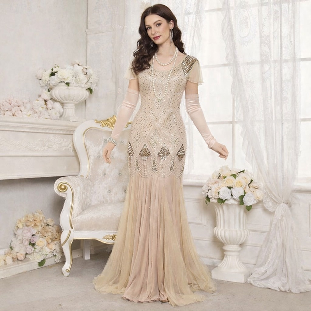 Anni Ruggenti Anni 1920 Lunghezza alla caviglia Vestito Nozze Addio al celibato Maniche corte Il grande Gatsby Taglie Forti Invitato al matrimonio Frangia con nappe Nappa Scollo a V Costume Per donna del 2026 a $91.99 –P1